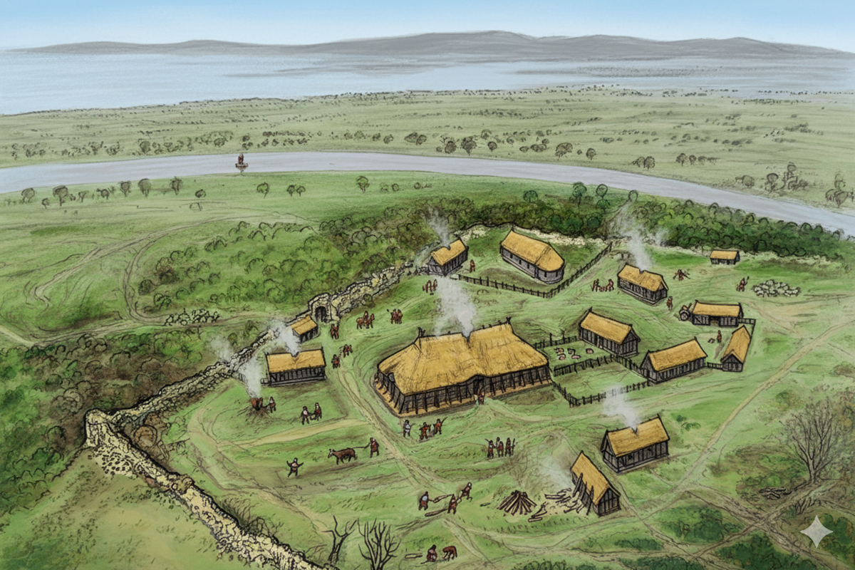 drawing of thatched timber buildings surrounded by a crumbling stone wall.